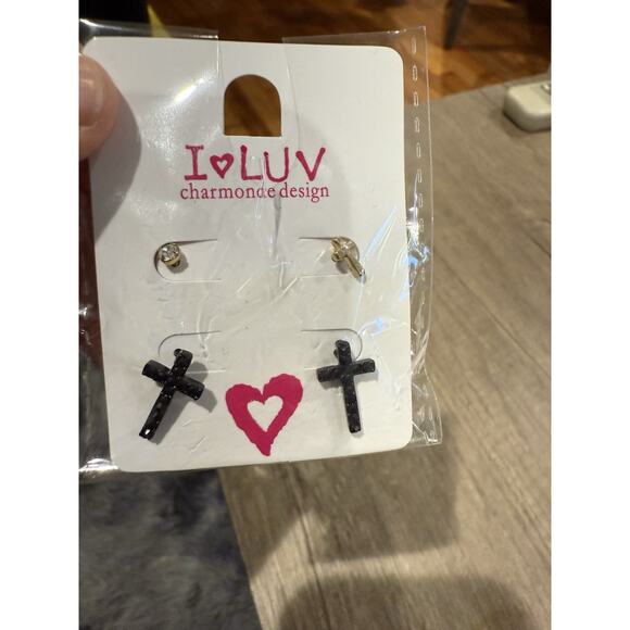 2 Pairs Cross Earrings Black Rhinestone Gold Tone and Diamond Stud Earrings 4PC - Picture 7 of 8